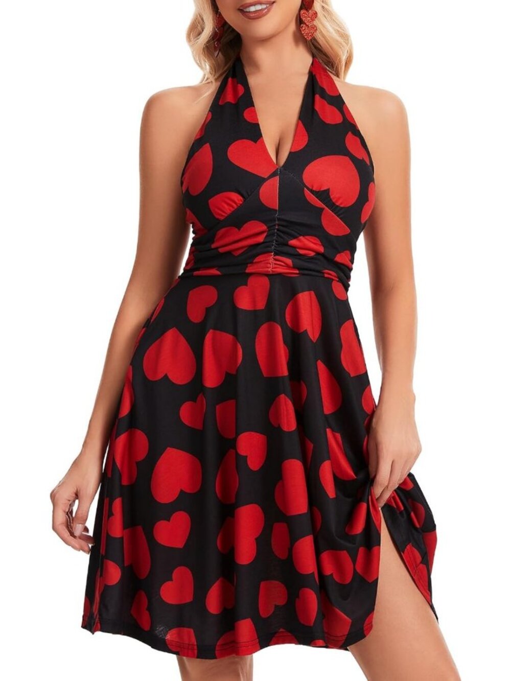 Chic Women's Halter V Neck Mini Dress - Sleeveless Ruffle Design with Pocket